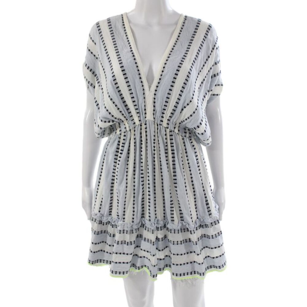 Lem Lem Women Boho Striped V Neck Mini Dress Blue Short Sleeve Size XS
